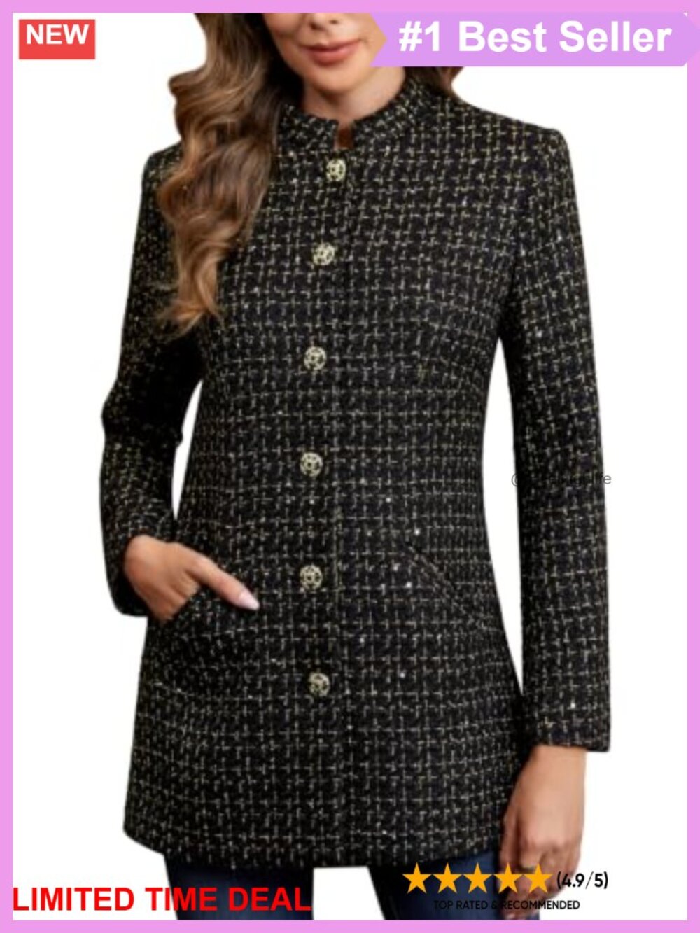 Plaid Tweed Jacket Stand Collar Long Sleeve Pocket Coat